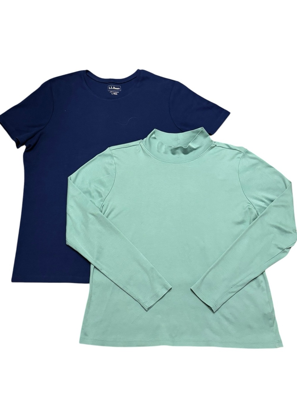 L.L. Bean Women's Navy Short Sleeve Tee & Mint Long Sleeve Mock Neck Cotton Top